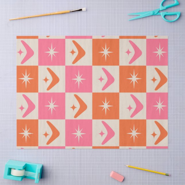 Checkered Mid Century Boomerangs pink and orange  Tissue Paper (Craft)