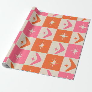 Checkered Mid Century Boomerangs pink and orange  Wrapping Paper