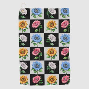 Checkered Multicolored Sunflower Floral Design  Golf Towel
