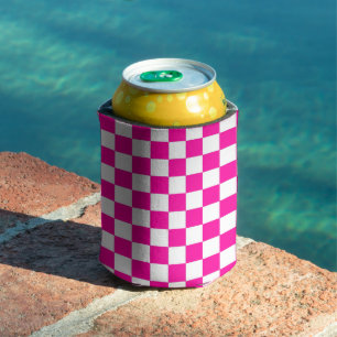 Checkered Neon Pink and White  Can Cooler