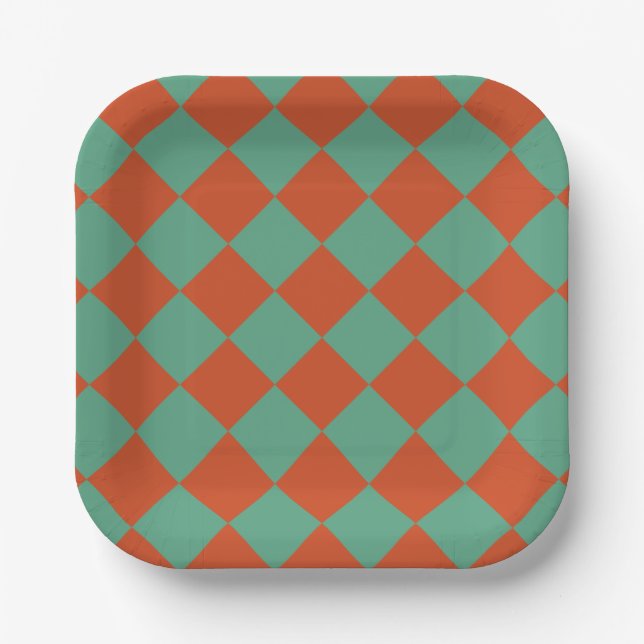 Checkered Orange & Green Retro Chic Birthday Party Paper Plate (Front)
