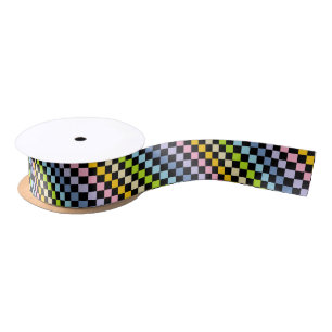 Checkered Pastel Rainbow Black Satin Ribbon