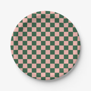 Checkered Pattern Blush Pink and Hunter Green Paper Plate