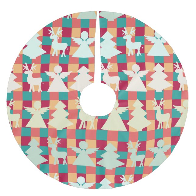 Checkered pattern with angels, reindeers and trees brushed polyester tree skirt (Front)