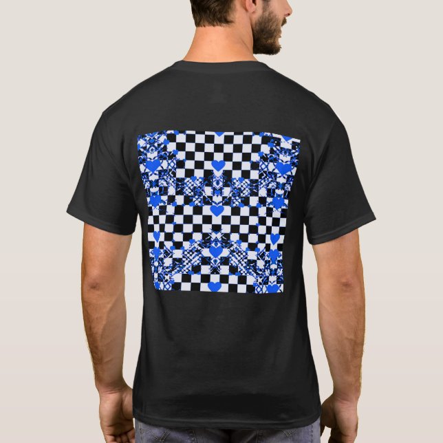 Checkered Pattern With Blue Hearts & Shapes T-Shirt (Back)