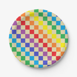 Checkered Rainbow Beige Paper Plate