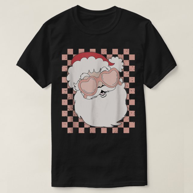 Checkered Santa Claus With Heart Glasses Christmas T-Shirt (Design Front)