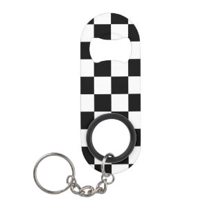 Checkered squares black and white geometric retro keychain bottle opener