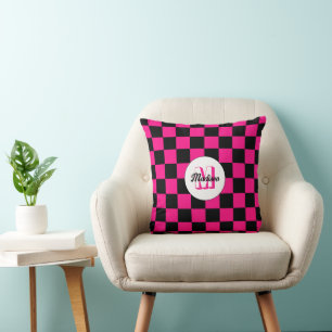 Checkered squares hot pink black retro Monogram Throw Pillow