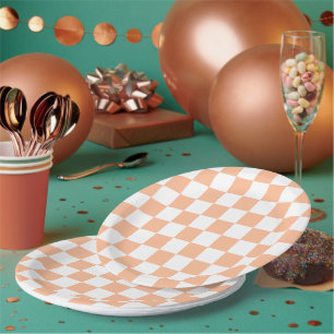 Checkered squares peach hot pink geometric retro paper plate