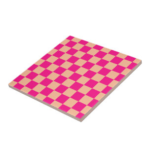 Checkered squares peach hot pink geometric retro tile