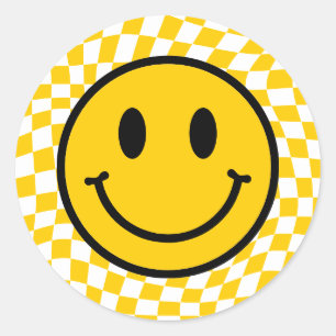 Checkered Wavy Yellow Preppy Smile Classic Round Sticker