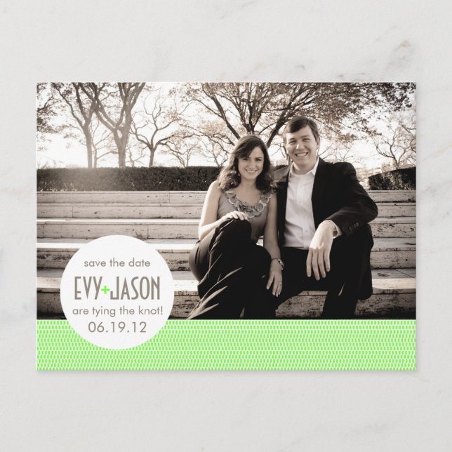 Checkers + Dots- Custom Save the Date - Lime Announcement Postcard (Front)