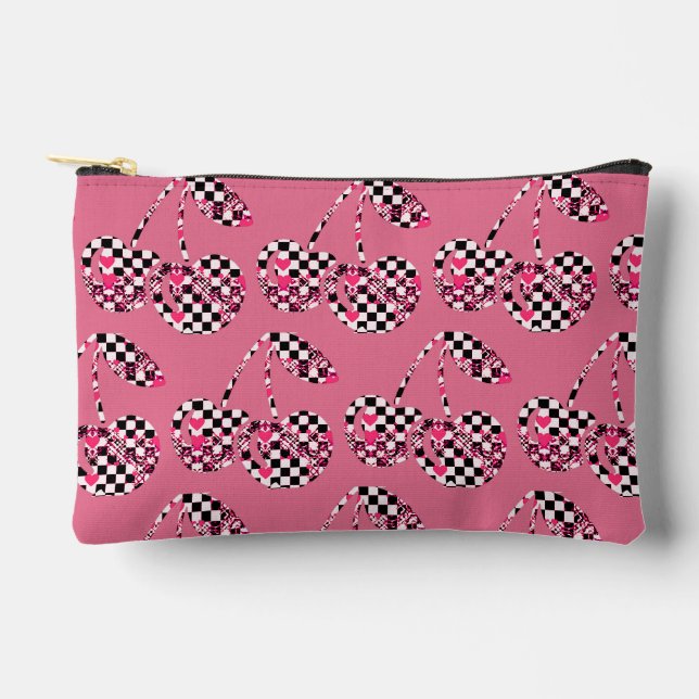 Checkers & Pink Hearts Patterned Cherries Big Accessory Pouch (Front)