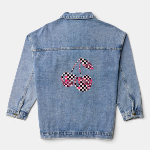 Checkers & Pink Hearts Patterned Cherries Big Denim Jacket