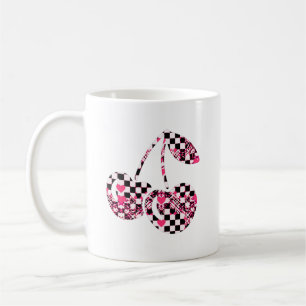 Checkers & Pink Hearts Patterned Cherries Coffee Mug