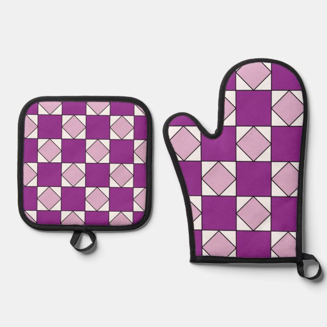 Checkers Purple Square Diamond Checkers Oven Mitt & Pot Holder Set (Front)