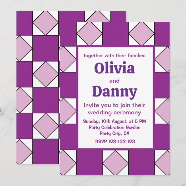 Checkers Purple Square Diamond Checkers Wedding Invitation (Front/Back)