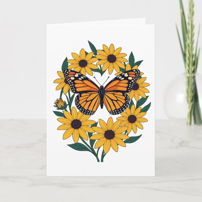Checkerspot Butterfly And Black-Eyed Daisy Flowers Holiday Card (Front)