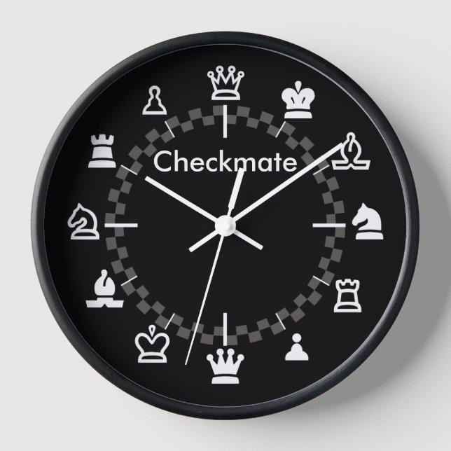 Checkmate Chess Wall Clock - chequerboard on black (Front)