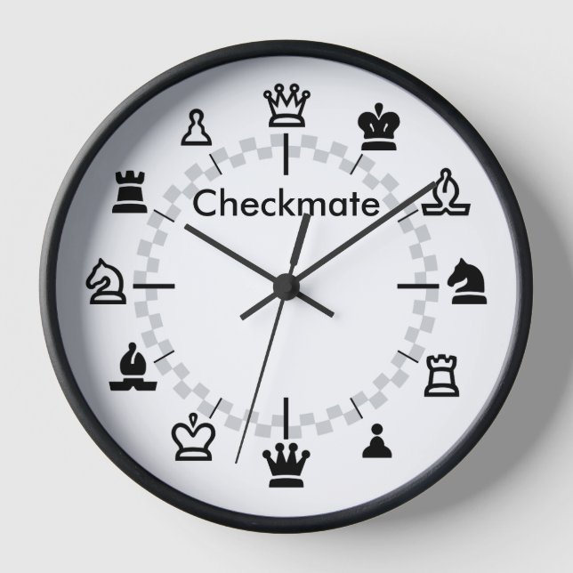 Checkmate Chess Wall Clock - chequerboard on white (Front)