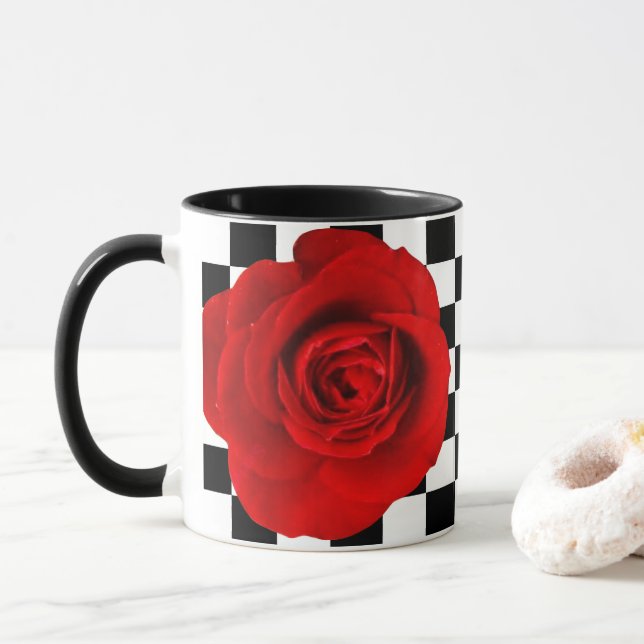 Checkmate Rose elegant rose on a chequered back  Mug (With Donut)