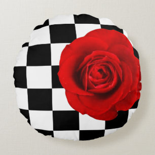 Checkmate Rose elegant rose on a chequered back Round Pillow