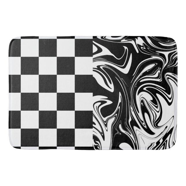 Checks and Swirls - Black and White Bath Mat (Front)