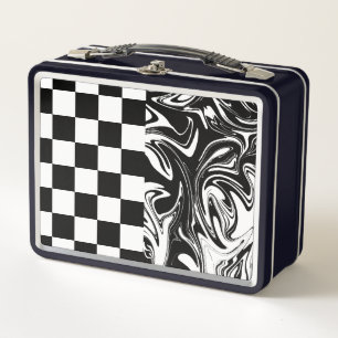 Checks and Swirls - Black and White Metal Lunch Box