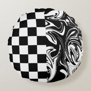 Checks and Swirls - Black and White Round Pillow