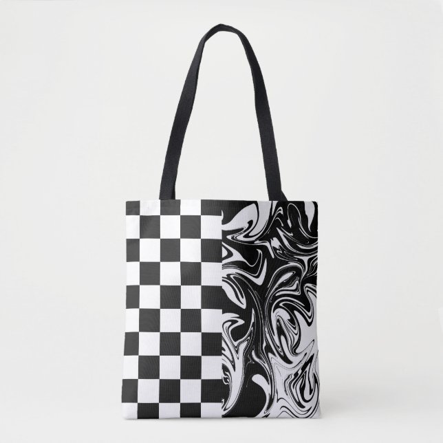 Checks and Swirls - Black and White Tote Bag (Front)