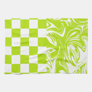 Checks and Swirls in Lime Green and White Kitchen Towel
