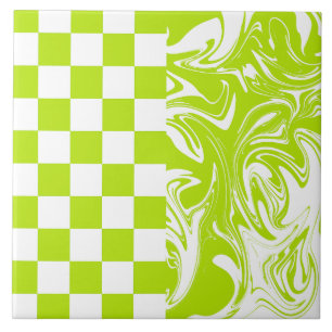 Checks and Swirls in Lime Green and White Tile