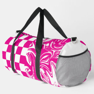 Checks and Swirls in Magenta and White Duffle Bag