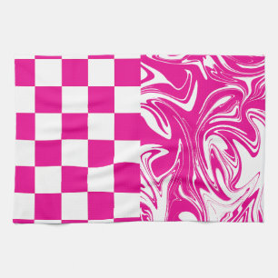 Checks and Swirls in Magenta and White Kitchen Towel