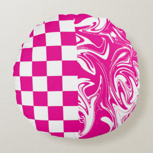 Checks and Swirls in Magenta and White Round Pillow