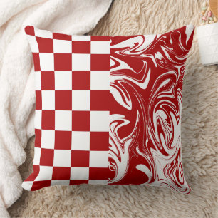 Checks and Swirls in Red and White Throw Pillow
