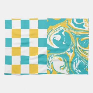 Checks and Swirls in Turquoise, Yellow, and White Kitchen Towel