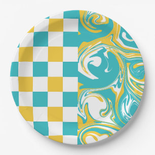 Checks and Swirls in Turquoise, Yellow, and White Paper Plate