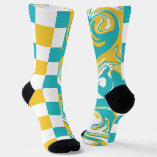 Checks and Swirls in Turquoise, Yellow, and White Socks