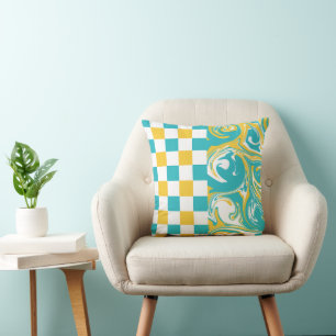 Checks and Swirls in Turquoise, Yellow, and White Throw Pillow