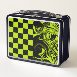 Checks and Swirls - Lime Green and Black Metal Lunch Box