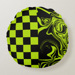 Checks and Swirls - Lime Green and Black Round Pillow