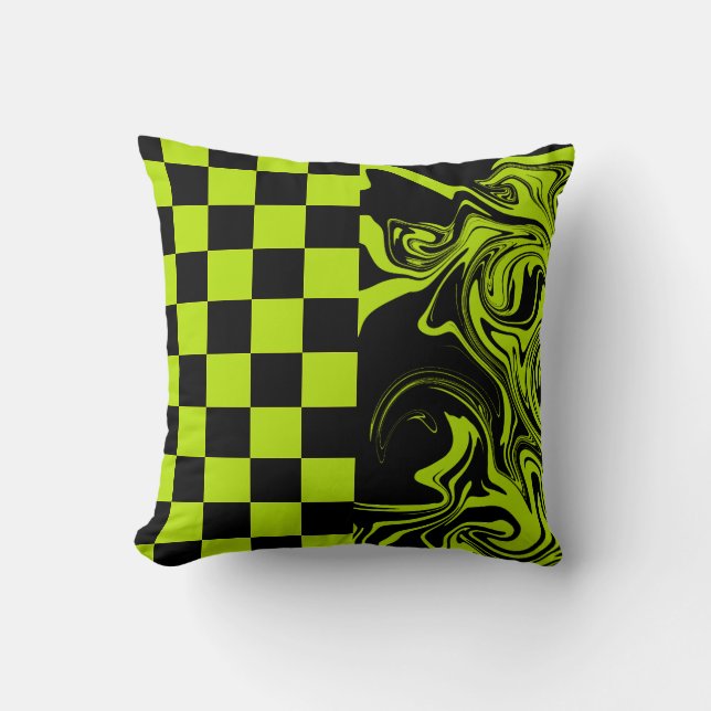 Checks and Swirls - Lime Green and Black Throw Pillow (Front)