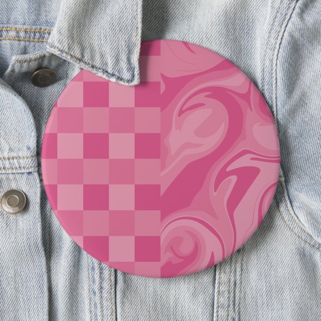 Checks and Swirls - Pink 6 Inch Round Button (In Situ)