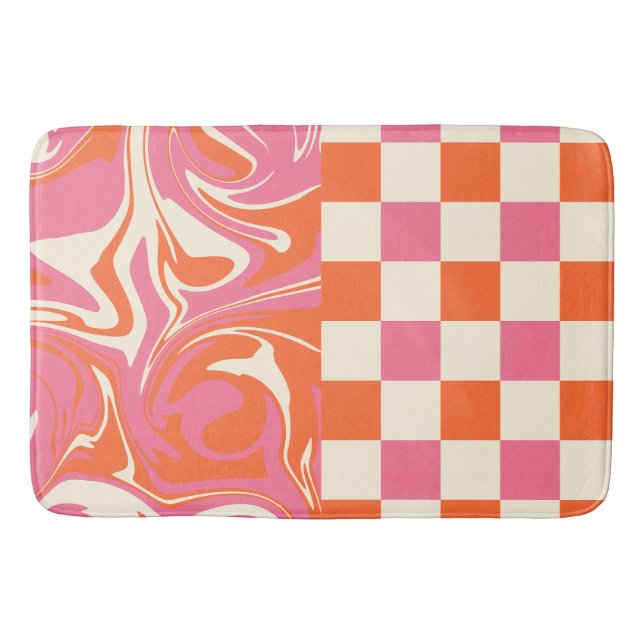 Checks and Swirls - Pink, Orange and Cream Bath Mat (Front)