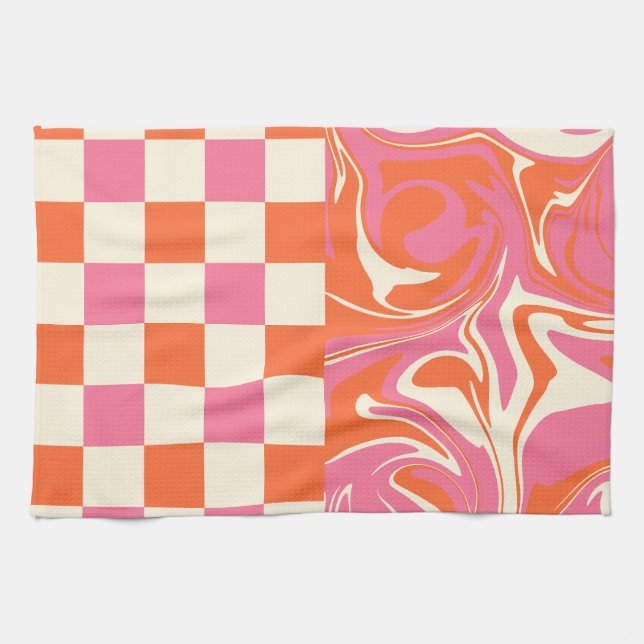 Checks and Swirls - Pink, Orange and Cream Kitchen Towel (Horizontal)