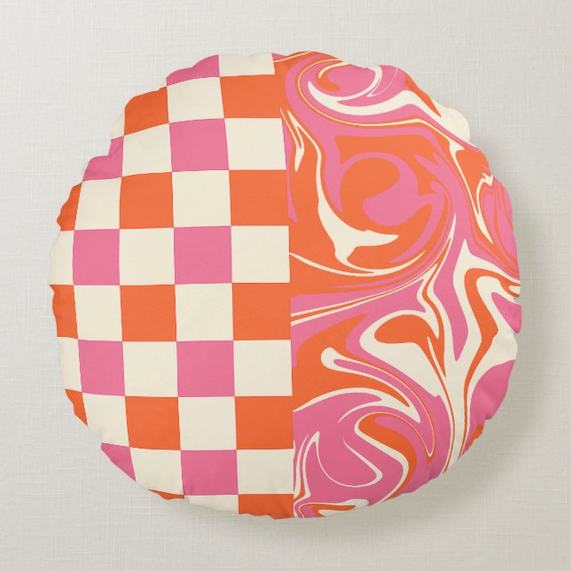 Checks and Swirls - Pink, Orange and Cream Round Pillow (Front)