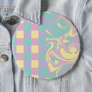 Checks & Swirls Pastel Pink,Yellow, Purple & Green 6 Inch Round Button