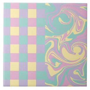 Checks & Swirls Pastel Pink,Yellow, Purple & Green Tile